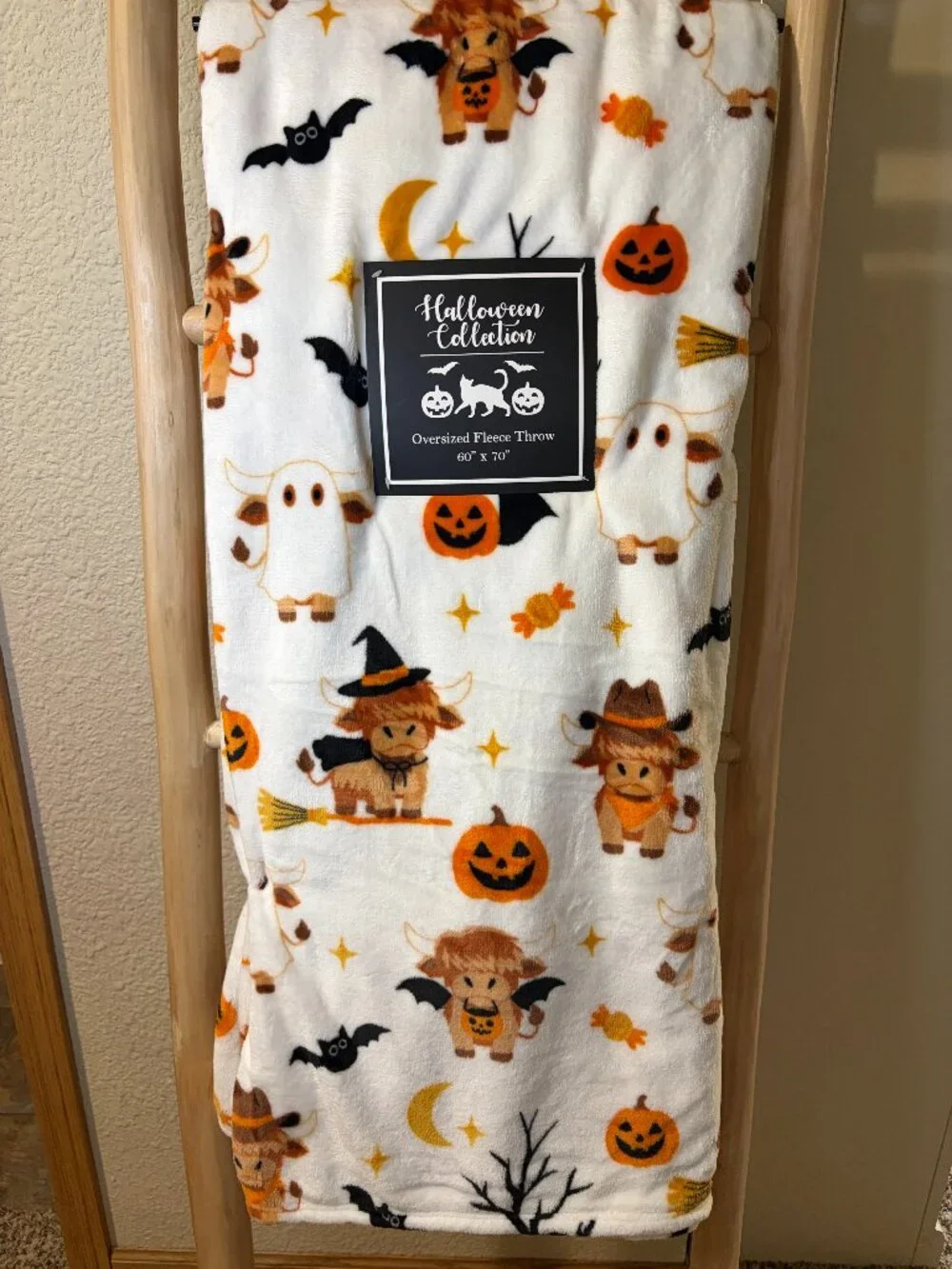 Halloween Highland Cow Ghost Bat Pumpkin Oversized Fleece Throw Blanket 60x70